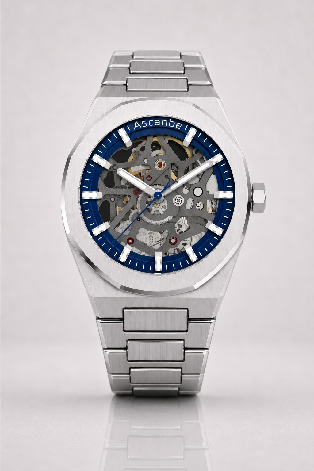 Ascanbe J1 Blue on a steel bracelet, front view