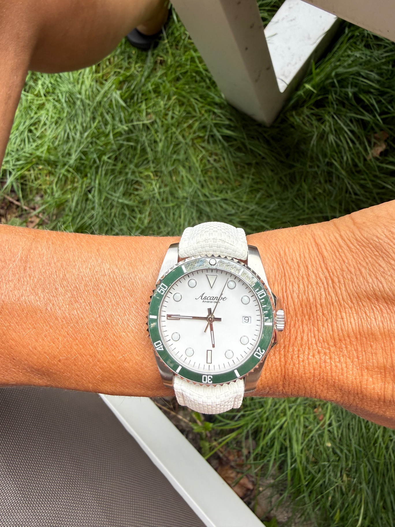 A one-of-one Ascanbe watch worn on the wrist