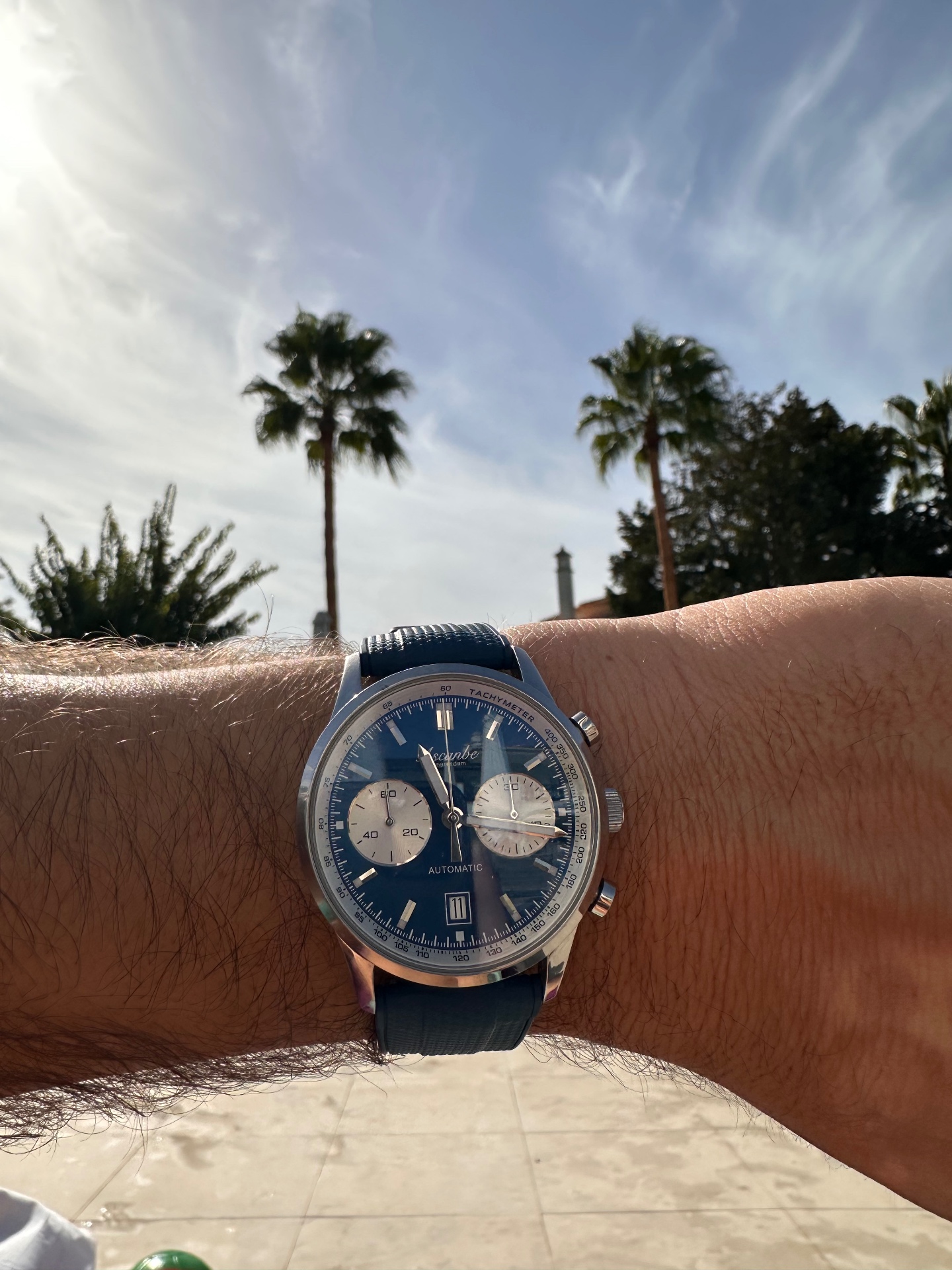 A blue Ascanbe chronograph worn in the sun