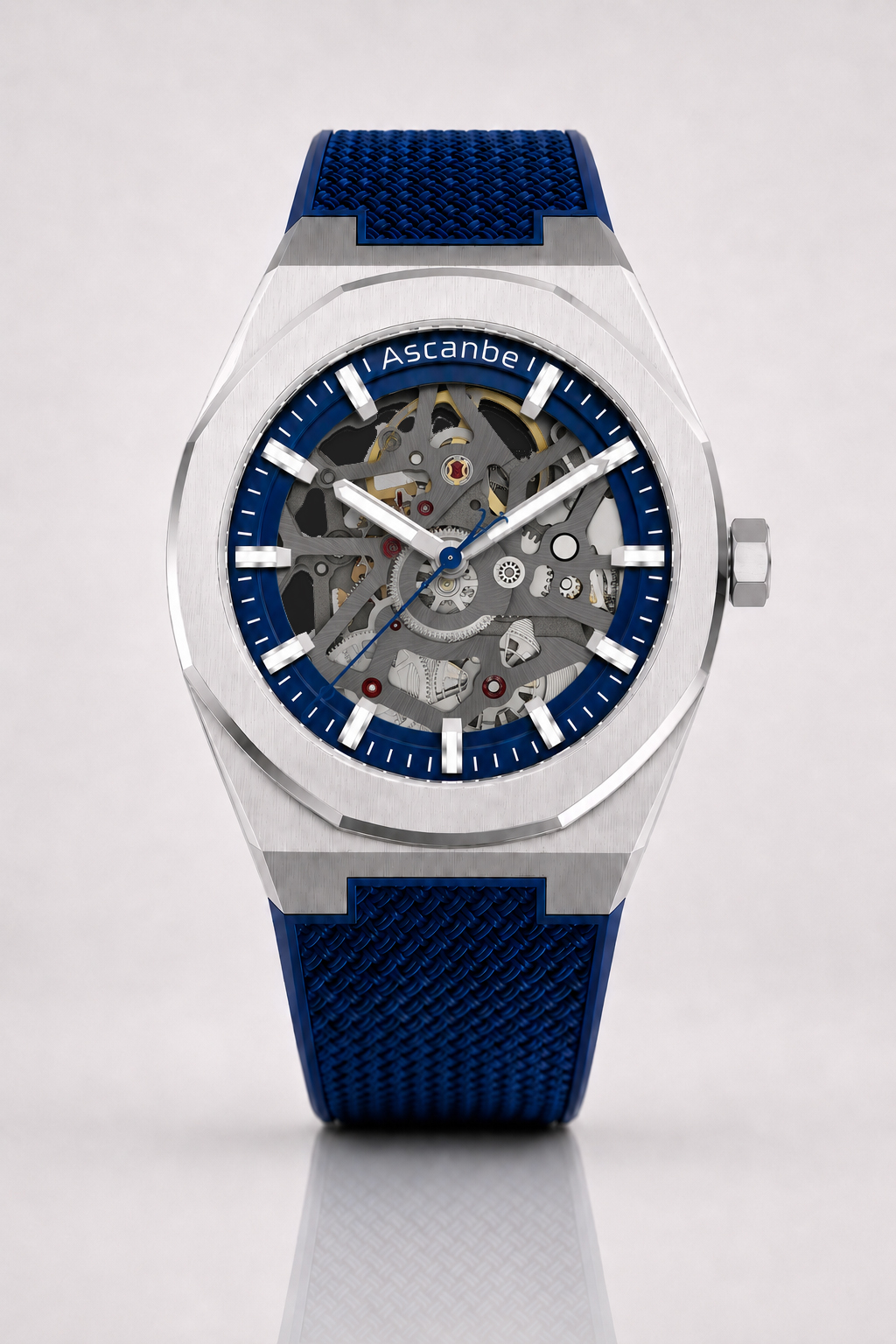 Ascanbe J1 Blue on a blue FKM rubber strap, front view