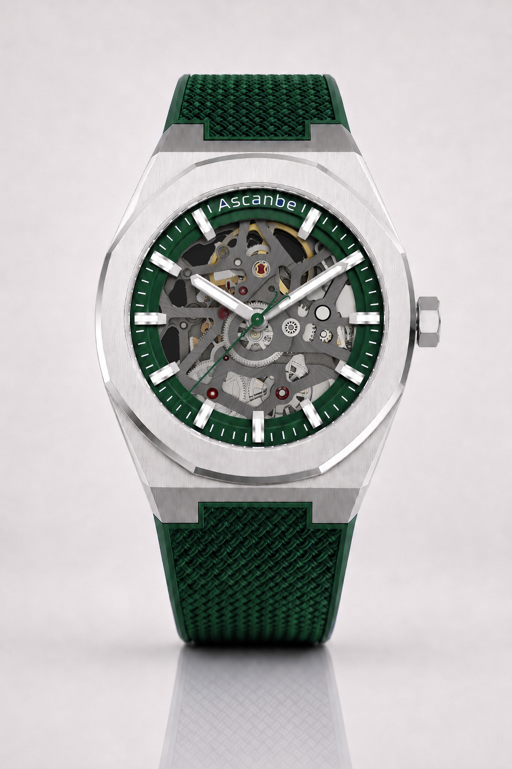 Ascanbe J1 Green on a green rubber strap, front view