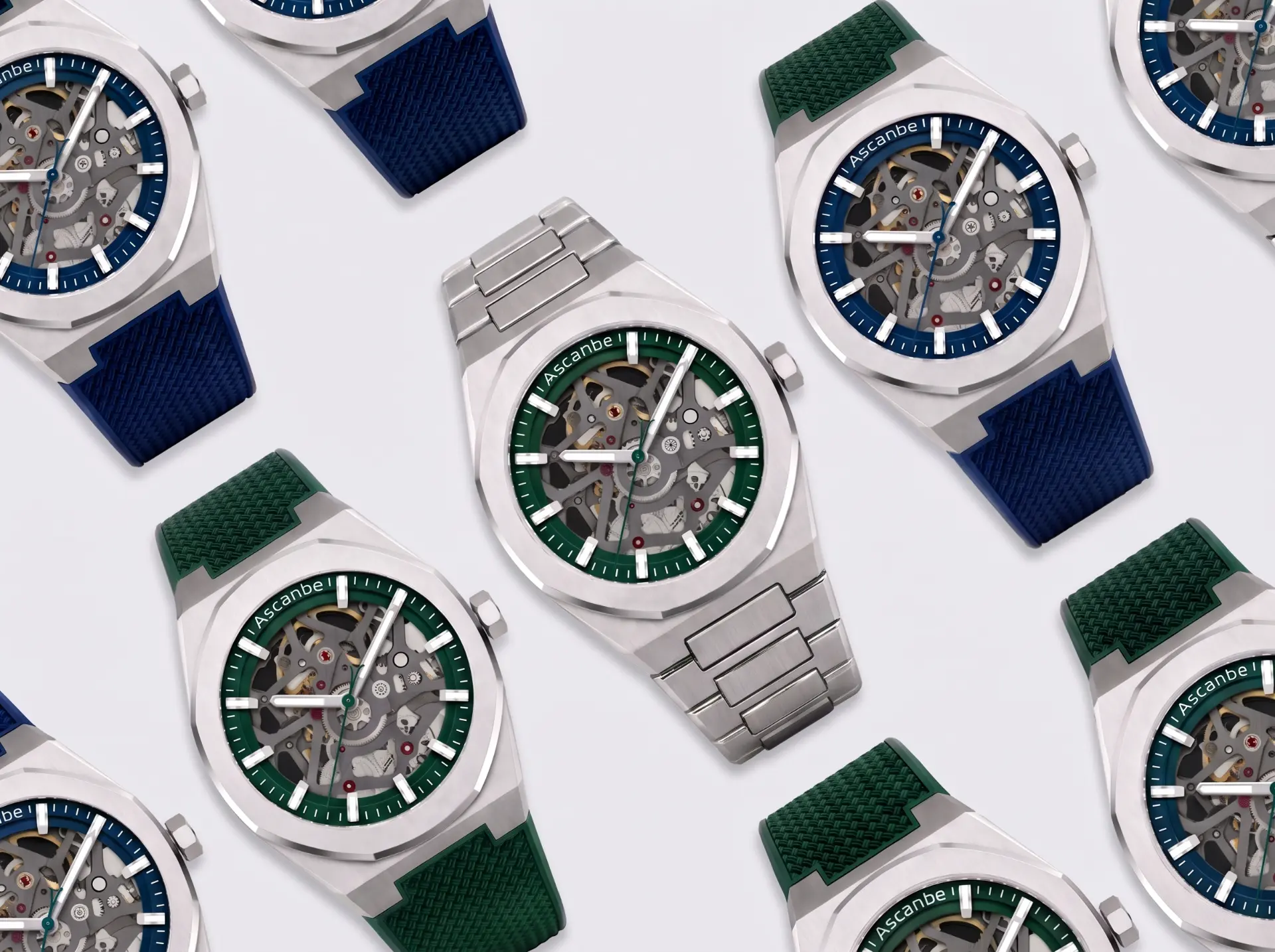 A playful arrangement of green and blue Ascanbe J1 watches with steel and FKM rubber straps