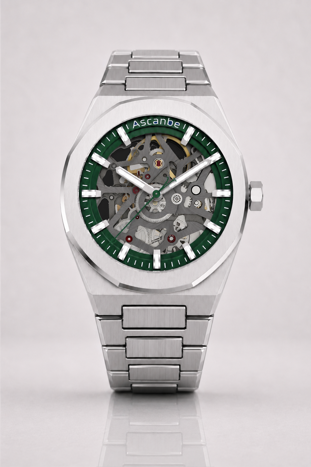Ascanbe J1 Green on a steel bracelet, front view
